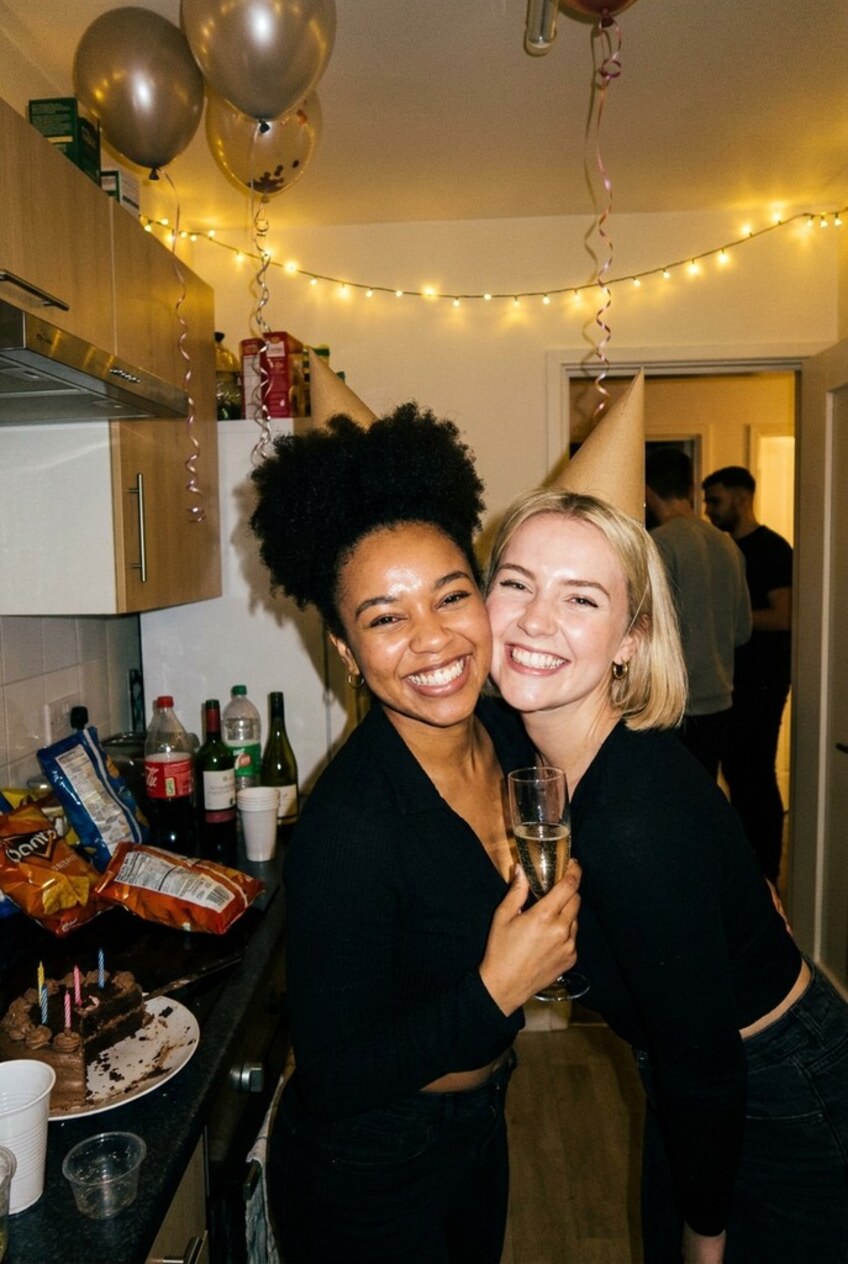 Two friends cheek to cheek in a narrow kitchen at a house party, gold party hats on, a candlelit cake on the counter beside them