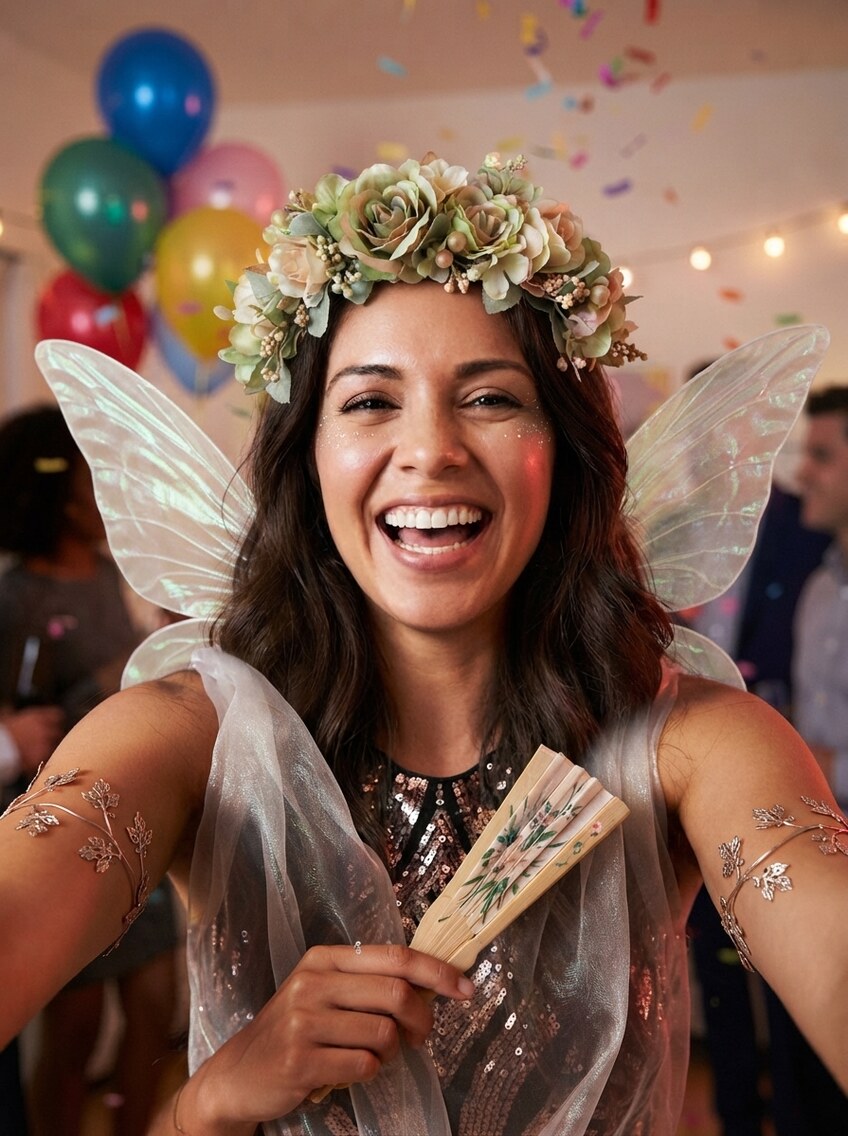The same woman laughing in the same room, her three friends and the falling confetti untouched, now with a flower crown, iridescent wings and a sheer glittering wrap