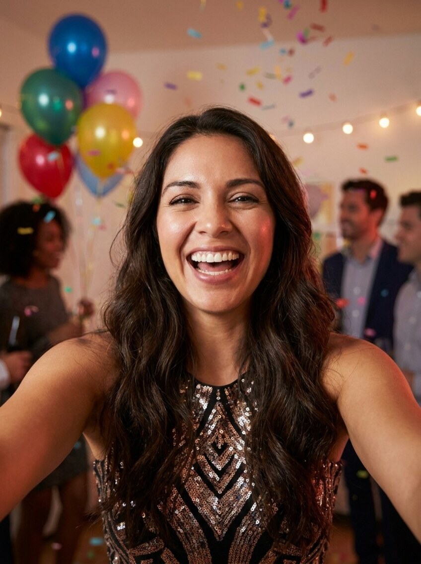 A woman laughing at an indoor house party, balloons and string lights behind her and confetti falling around three friends