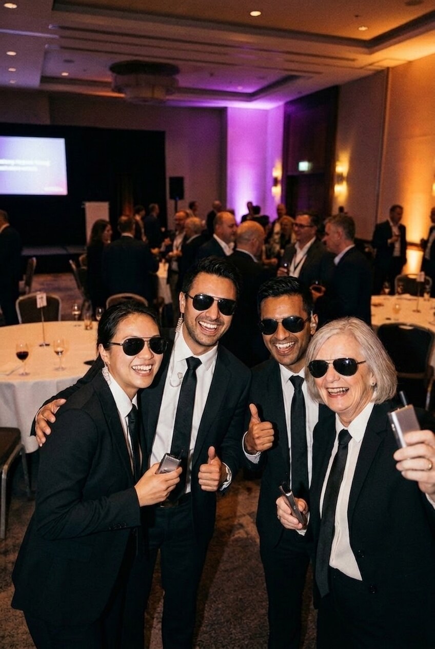 The same four colleagues in the same room, restyled as secret agents in tailored black suits, black ties, dark glasses and earpieces