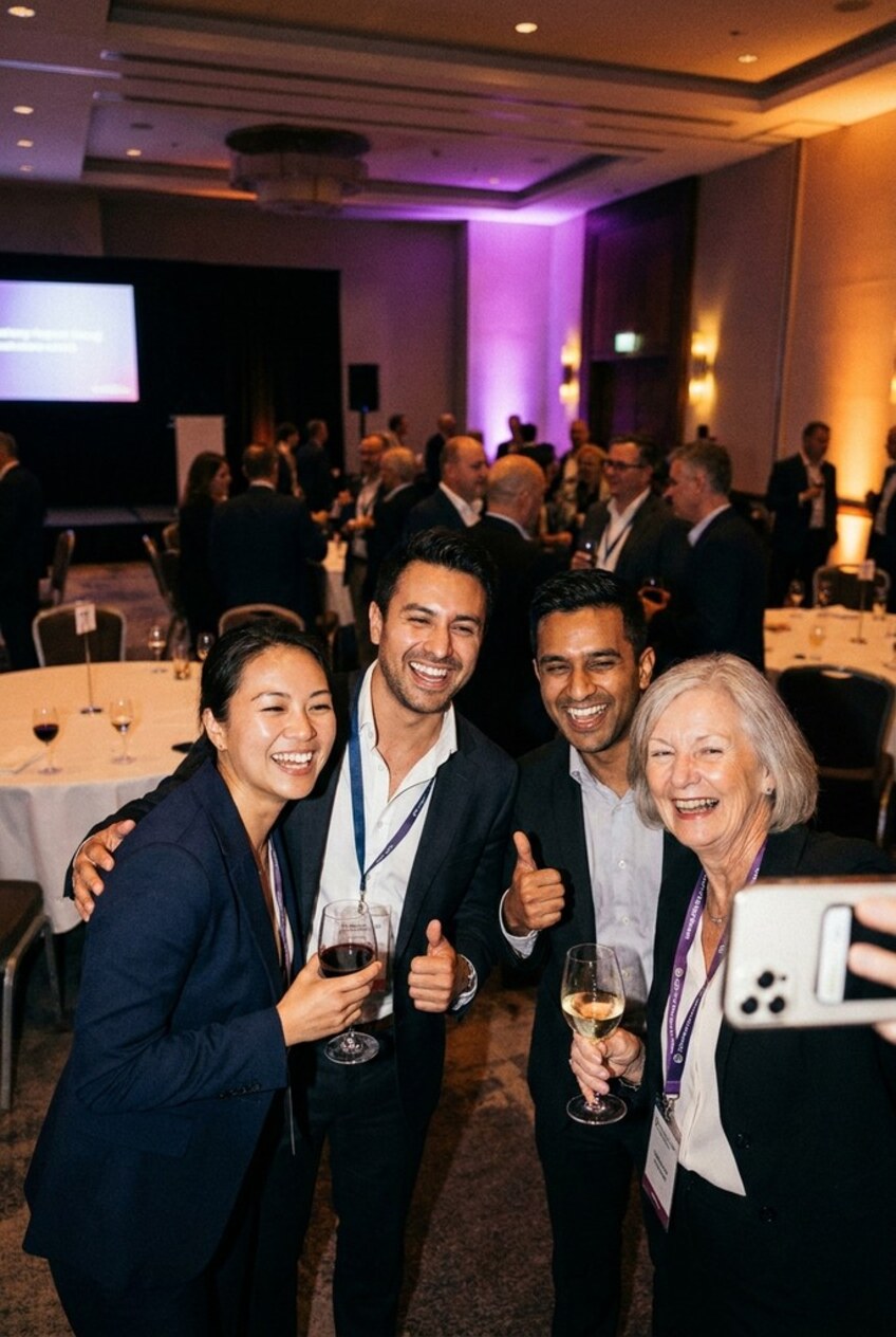 Four colleagues in business attire crowded together laughing at the evening drinks reception after a company conference, with lanyards, wine glasses and a stage screen behind them