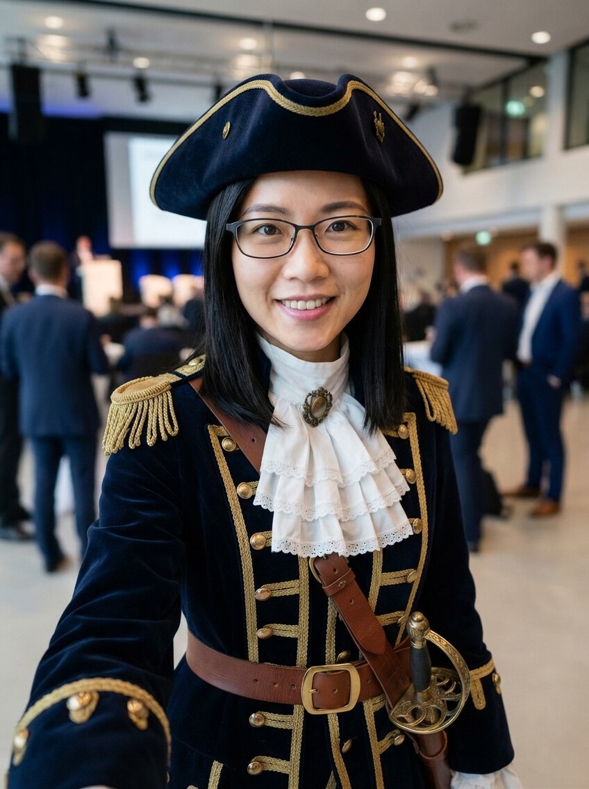 The same woman in the same conference hall, still wearing the very same black rectangular glasses, now in a navy-and-gold naval captain's coat with a tricorn hat and a white lace jabot