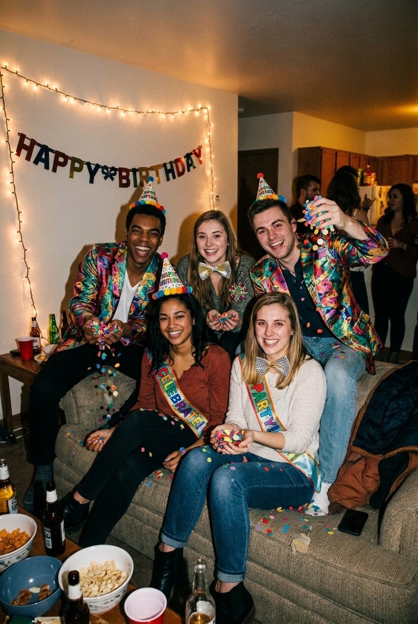 A photobooth result: five friends squeezed onto a living-room couch under a HAPPY BIRTHDAY banner and string lights, transformed into iridescent sequinned party blazers, pom-pom party hats, polka-dot bow ties and CELEBRATE and PARTY sashes, with handfuls of confetti