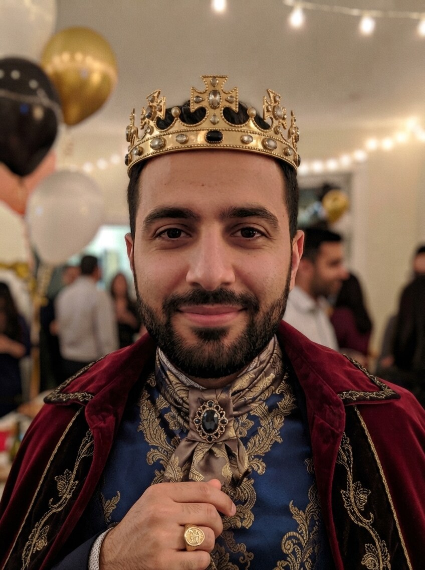 A guest at a birthday party, crowned by the photobooth in a jewelled crown and crimson robe — the gold and black balloons still behind him