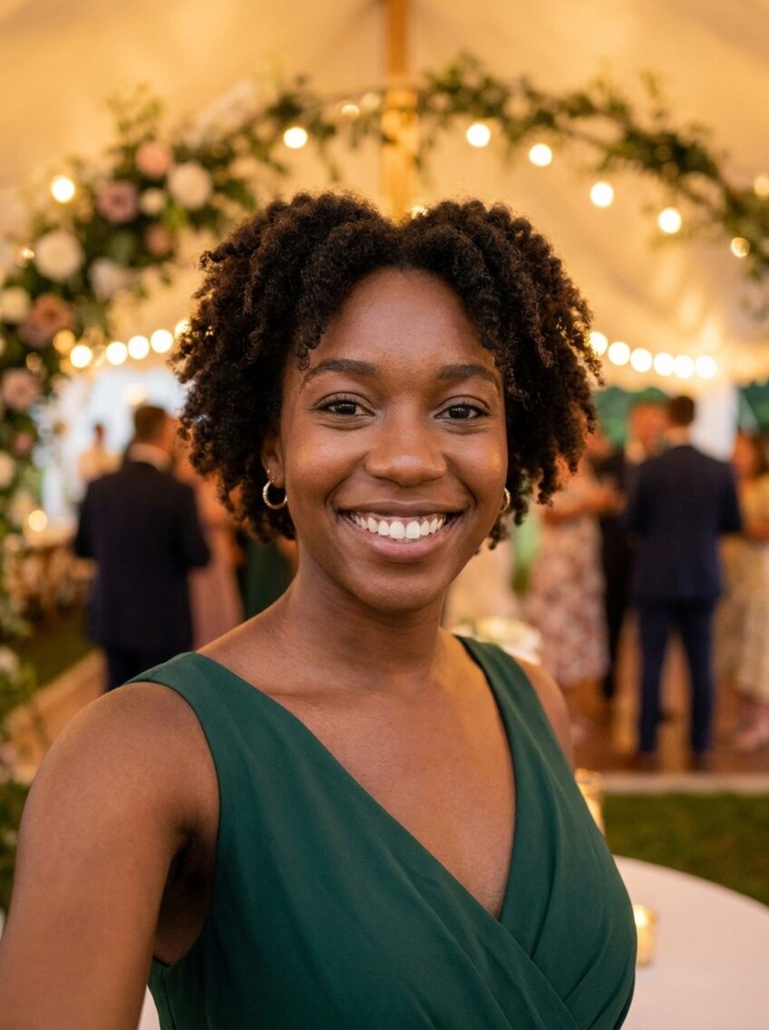 A guest in an emerald dress smiling under a flower-and-greenery arch in the reception marquee, festoon bulbs strung overhead