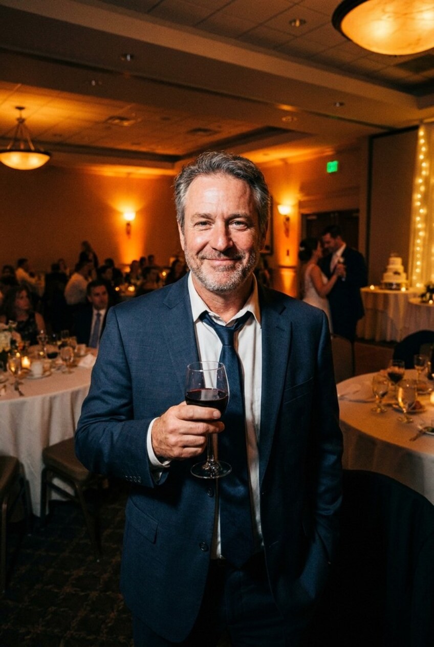 A guest in a navy suit holding a glass of red wine in the reception ballroom, the couple embracing beside the tiered cake behind him