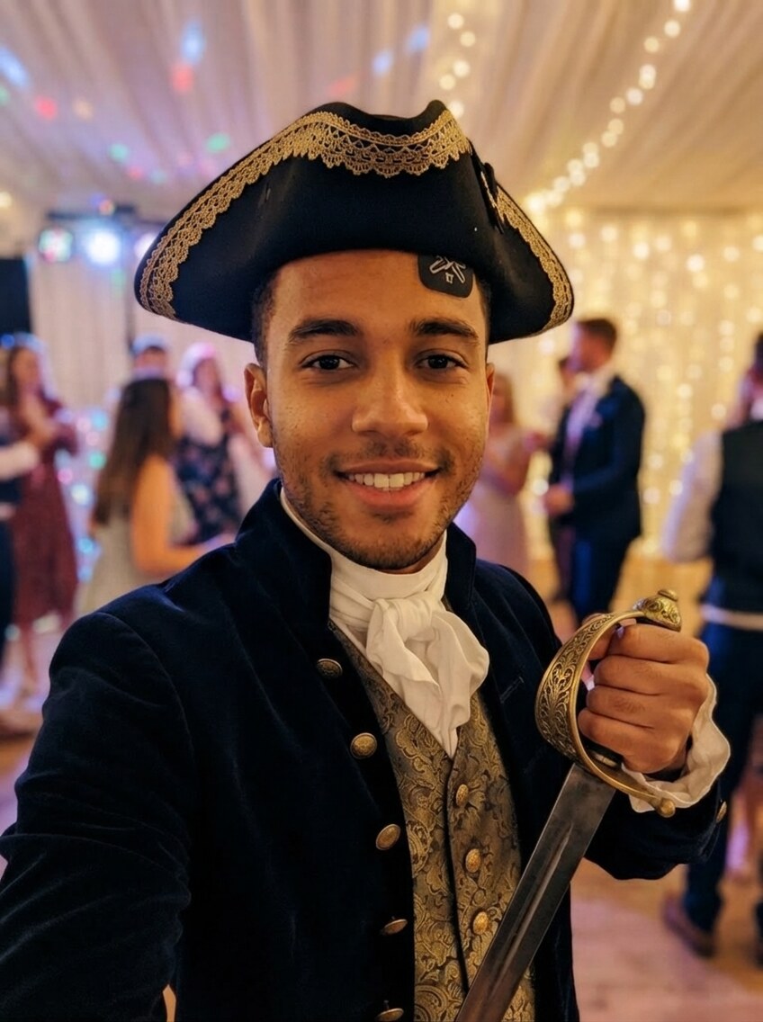 The same guest on the same dancefloor, now in a navy-and-gold naval captain's coat and tricorn hat, holding a sabre