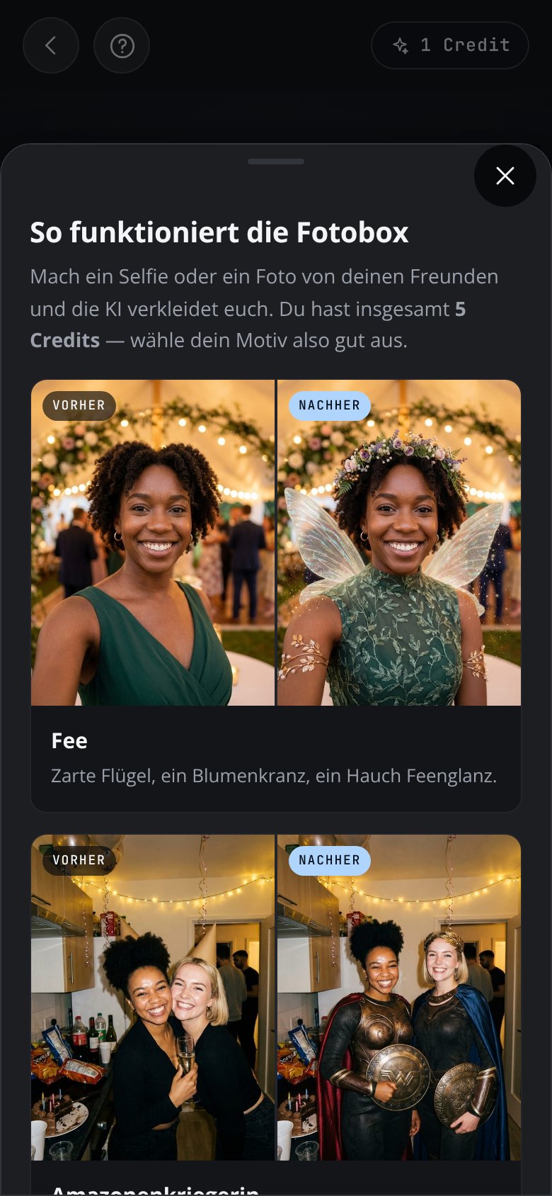 The AI photobooth explained in the app: a panel headed “How the photobooth works”, a line about taking a shot of your friends and how many credits you have, and before-and-after examples of guests turned into fairies and heroes