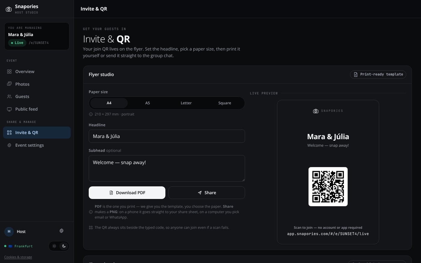 The Snapories host dashboard on a laptop — the Invite &amp; QR view, with the event QR code and the printable flyer templates