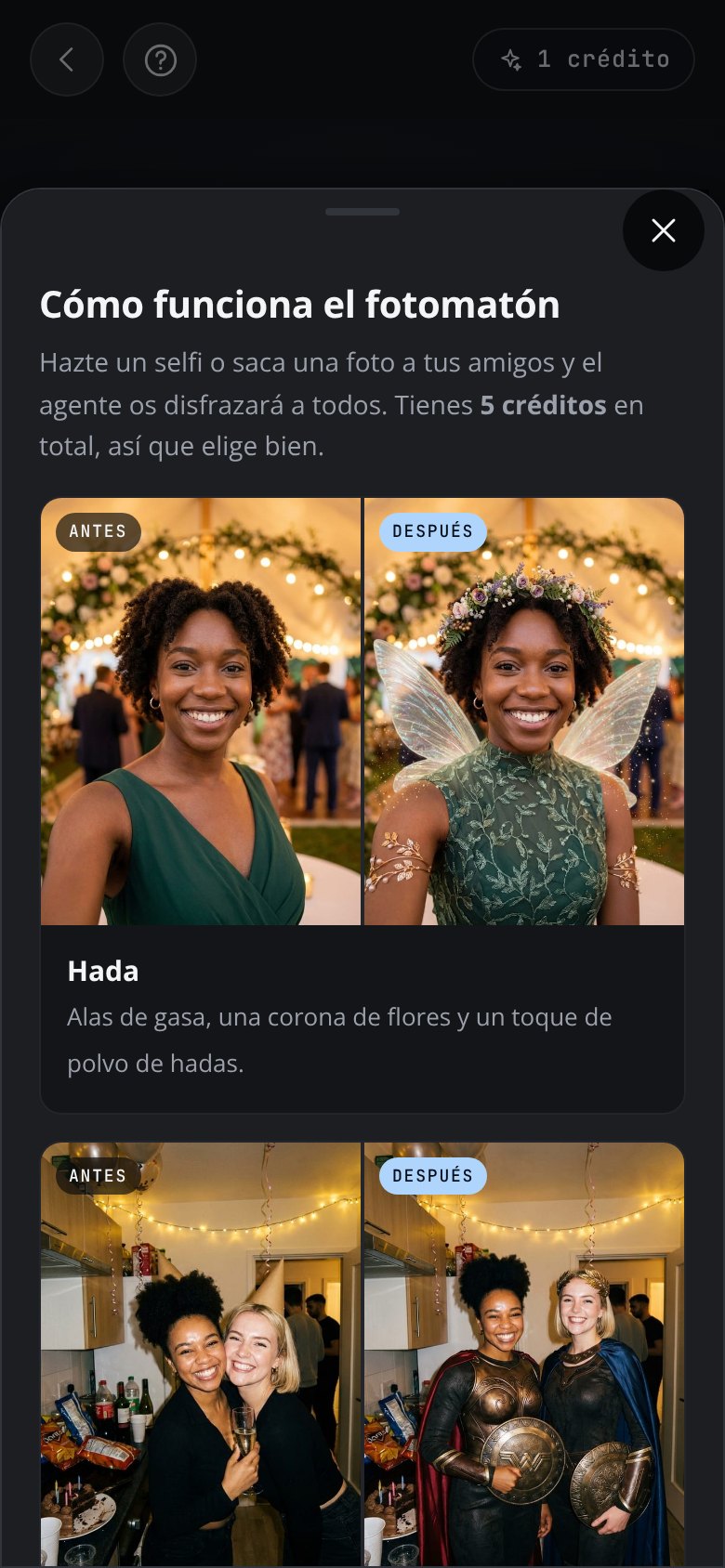 The AI photobooth explained in the app: a panel headed “How the photobooth works”, a line about taking a shot of your friends and how many credits you have, and before-and-after examples of guests turned into fairies and heroes