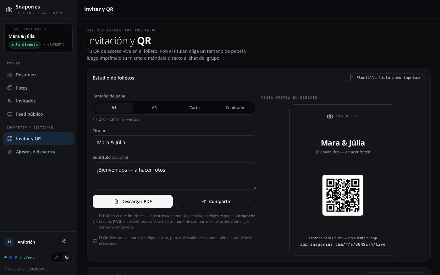 El panel de anfitrión de Snapories en un portátil: la vista de Invitación y QR, con el código QR del evento y las plantillas de folleto imprimibles