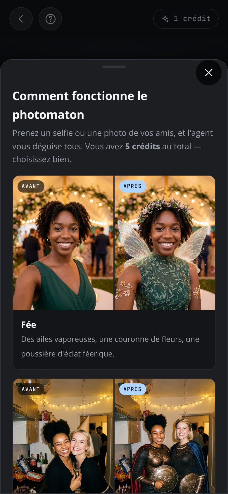 The AI photobooth explained in the app: a panel headed “How the photobooth works”, a line about taking a shot of your friends and how many credits you have, and before-and-after examples of guests turned into fairies and heroes