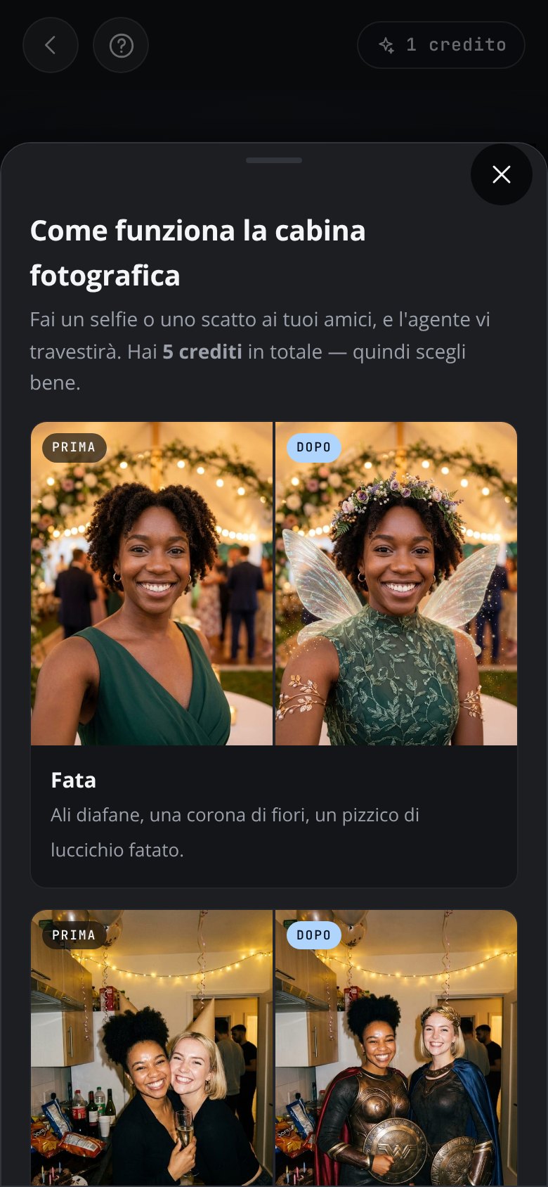 The AI photobooth explained in the app: a panel headed “How the photobooth works”, a line about taking a shot of your friends and how many credits you have, and before-and-after examples of guests turned into fairies and heroes