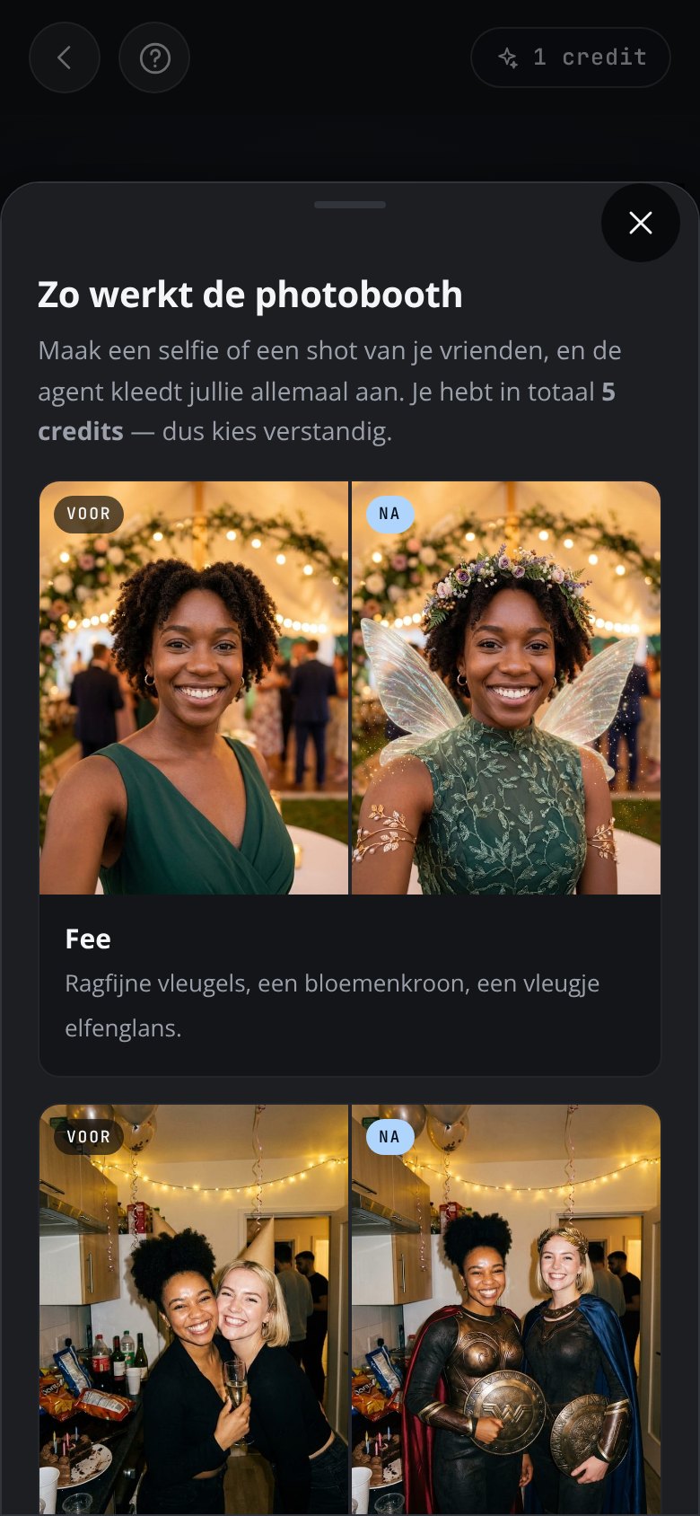 The AI photobooth explained in the app: a panel headed “How the photobooth works”, a line about taking a shot of your friends and how many credits you have, and before-and-after examples of guests turned into fairies and heroes