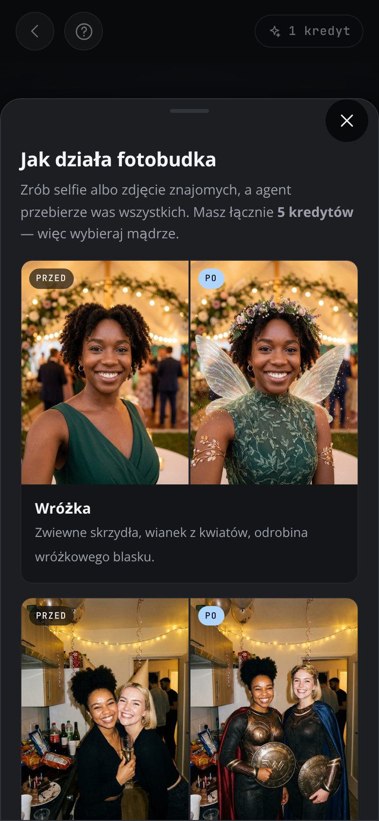 The AI photobooth explained in the app: a panel headed “How the photobooth works”, a line about taking a shot of your friends and how many credits you have, and before-and-after examples of guests turned into fairies and heroes